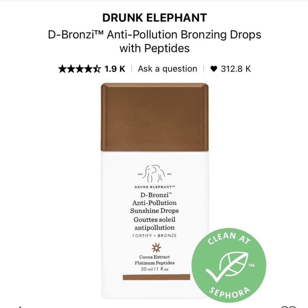 Drunk Elephant D-Bronzi Anti-Pollution Bronzing Drops w/ Peptides🆕full s…